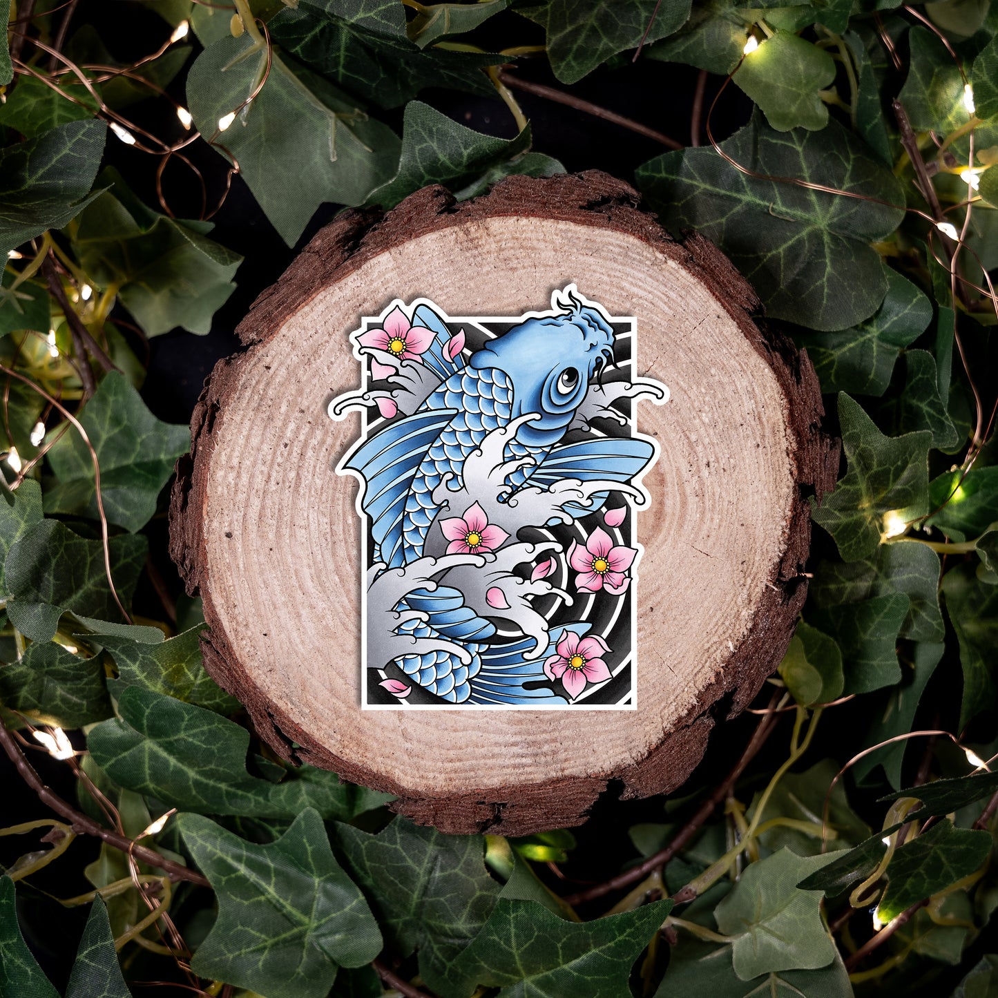 Koi Fish and Sakura Cherry Blossom Traditional Hand Drawn Irezumi Tattoo Flash Fine Art Waterproof Vinyl Sticker and Postcard Art Print