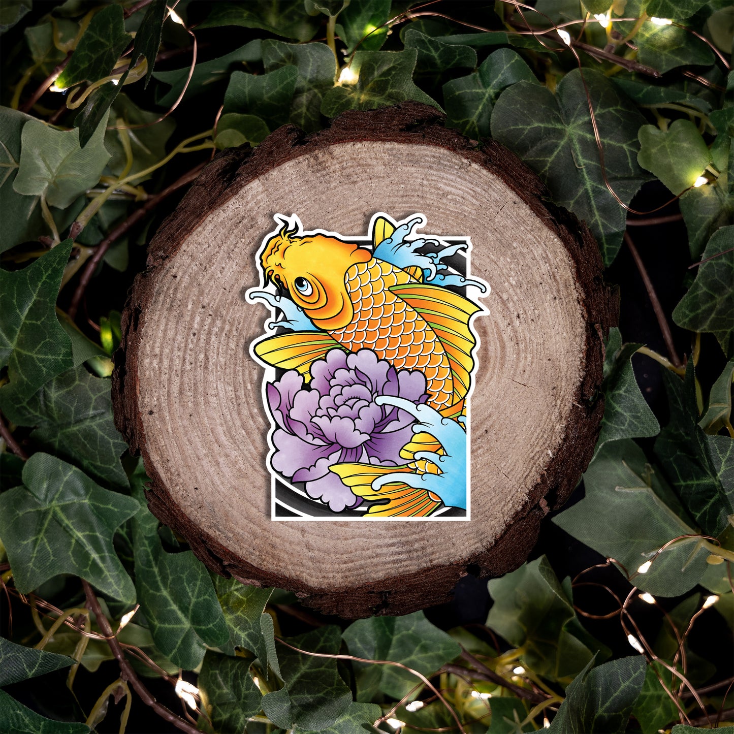 Koi Fish and Peony Traditional Hand Drawn Irezumi Tattoo Flash Fine Art Waterproof Vinyl Sticker and Postcard Art Print