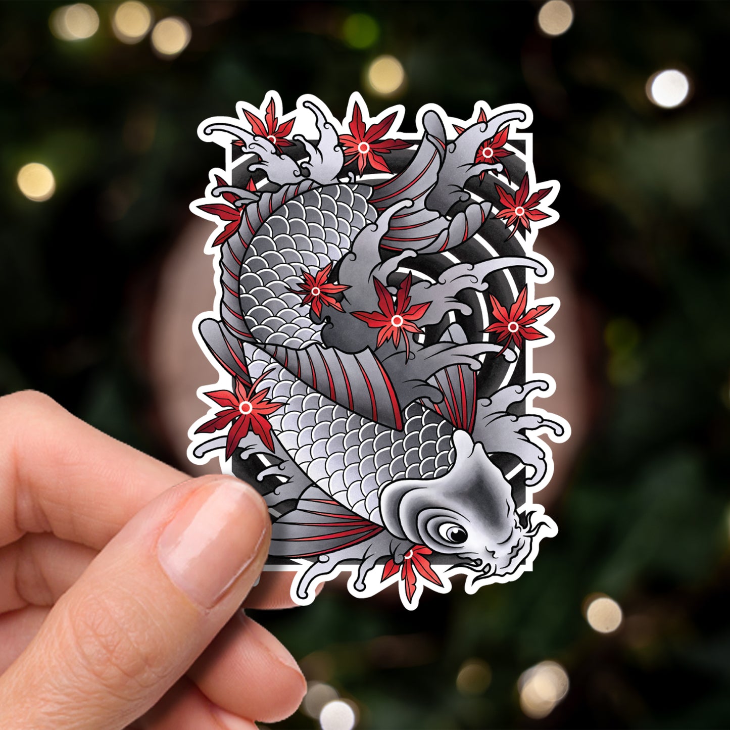 Koi Fish and Maple Leaves Traditional Hand Drawn Irezumi Tattoo Flash Fine Art Waterproof Vinyl Sticker and Postcard Art Print