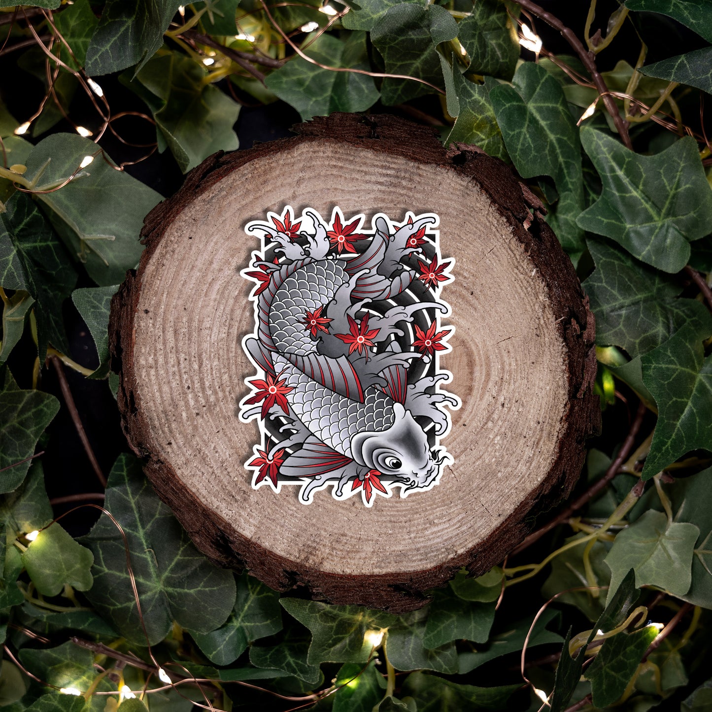 Koi Fish and Maple Leaves Traditional Hand Drawn Irezumi Tattoo Flash Fine Art Waterproof Vinyl Sticker and Postcard Art Print