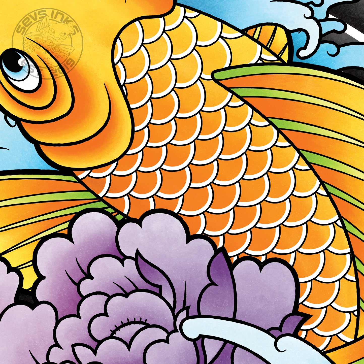 Koi Fish and Peony Traditional Hand Drawn Irezumi Tattoo Flash Fine Art Waterproof Vinyl Sticker and Postcard Art Print