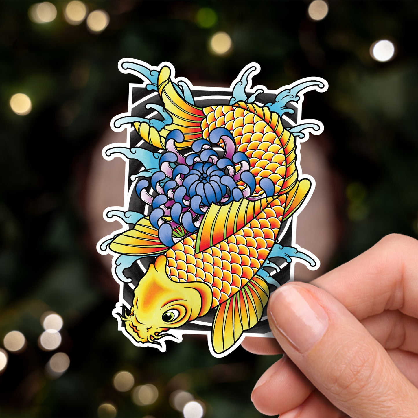 Koi Fish and Chrysanthemum Traditional Hand Drawn Irezumi Tattoo Flash Fine Art Waterproof Vinyl Sticker and Postcard Art Print