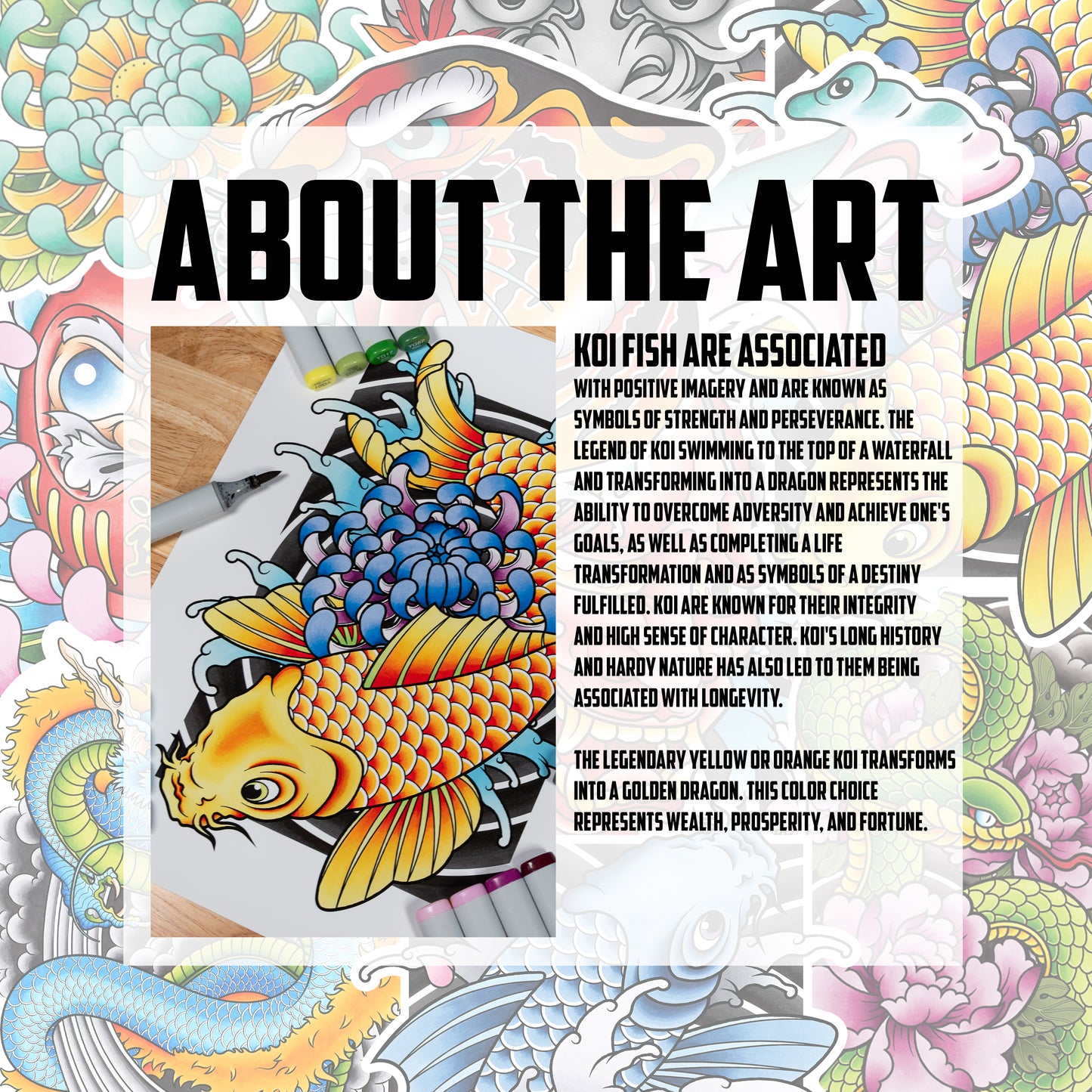 Koi Fish and Chrysanthemum Traditional Hand Drawn Irezumi Tattoo Flash Fine Art Waterproof Vinyl Sticker and Postcard Art Print