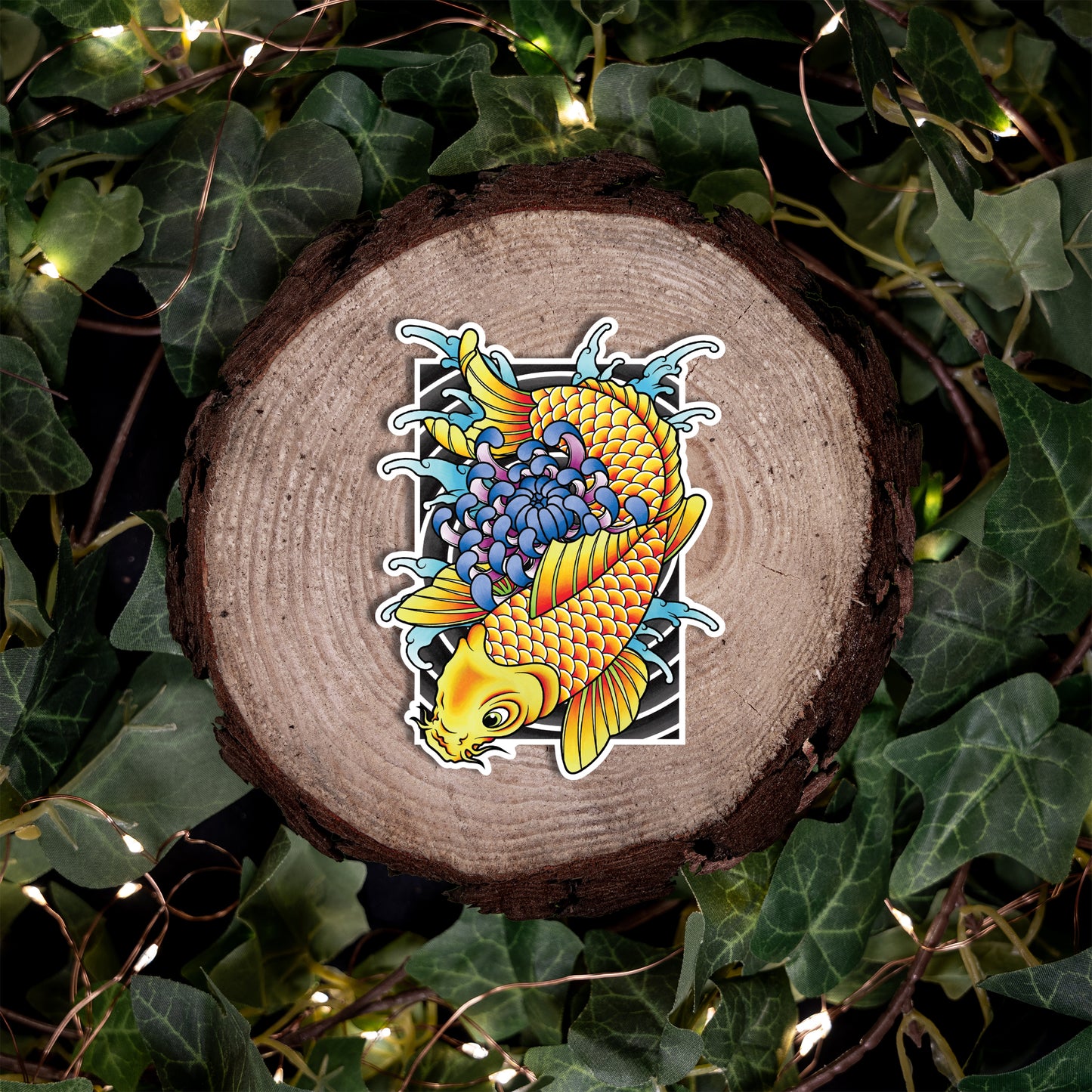 Koi Fish and Chrysanthemum Traditional Hand Drawn Irezumi Tattoo Flash Fine Art Waterproof Vinyl Sticker and Postcard Art Print