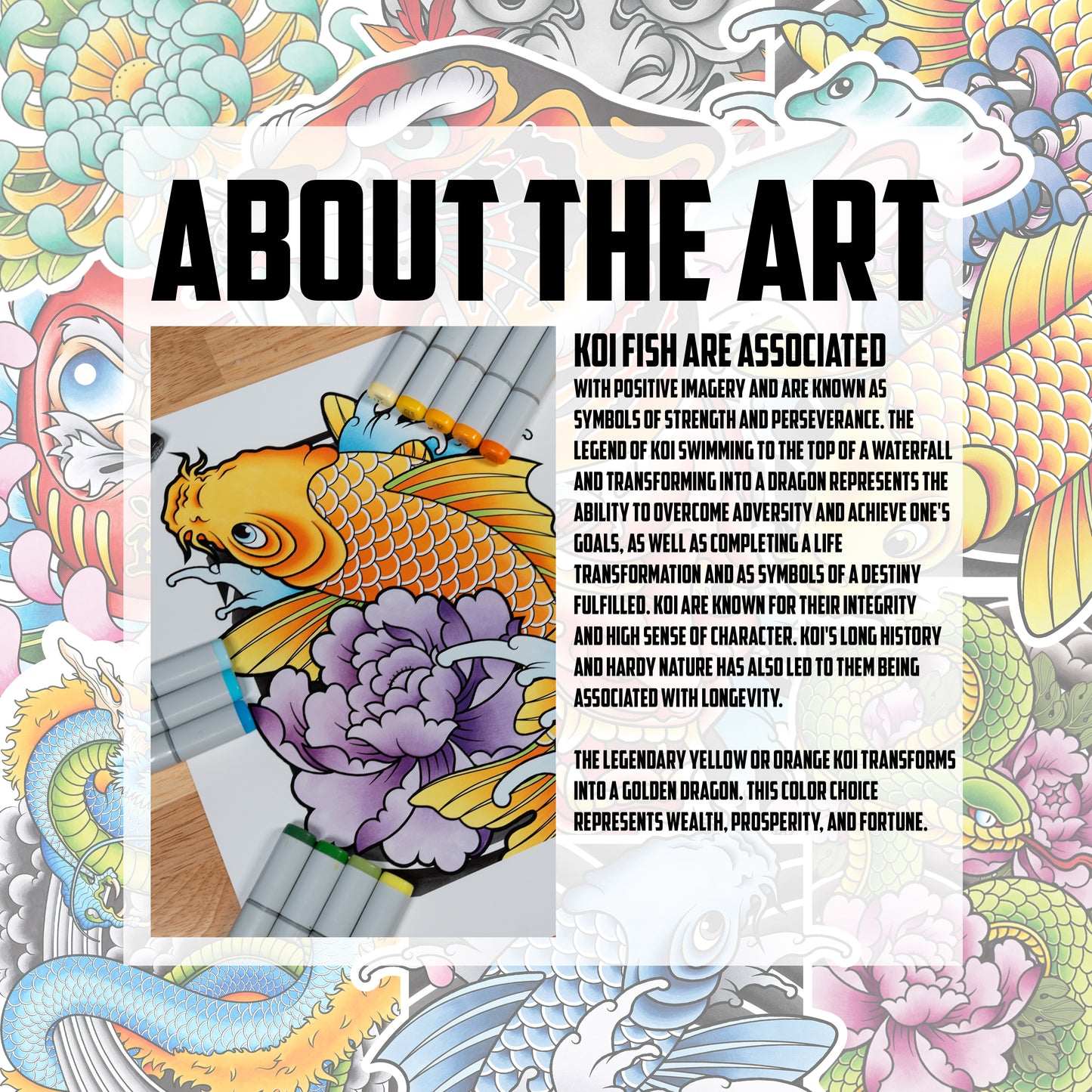 Koi Fish and Peony Traditional Hand Drawn Irezumi Tattoo Flash Fine Art Waterproof Vinyl Sticker and Postcard Art Print
