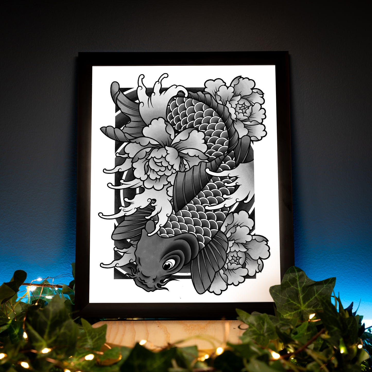 Koi Fish and Peony Black and Grey Traditional Irezumi Japanese Tattoo Flash Hand Drawn Original Art Print Poster