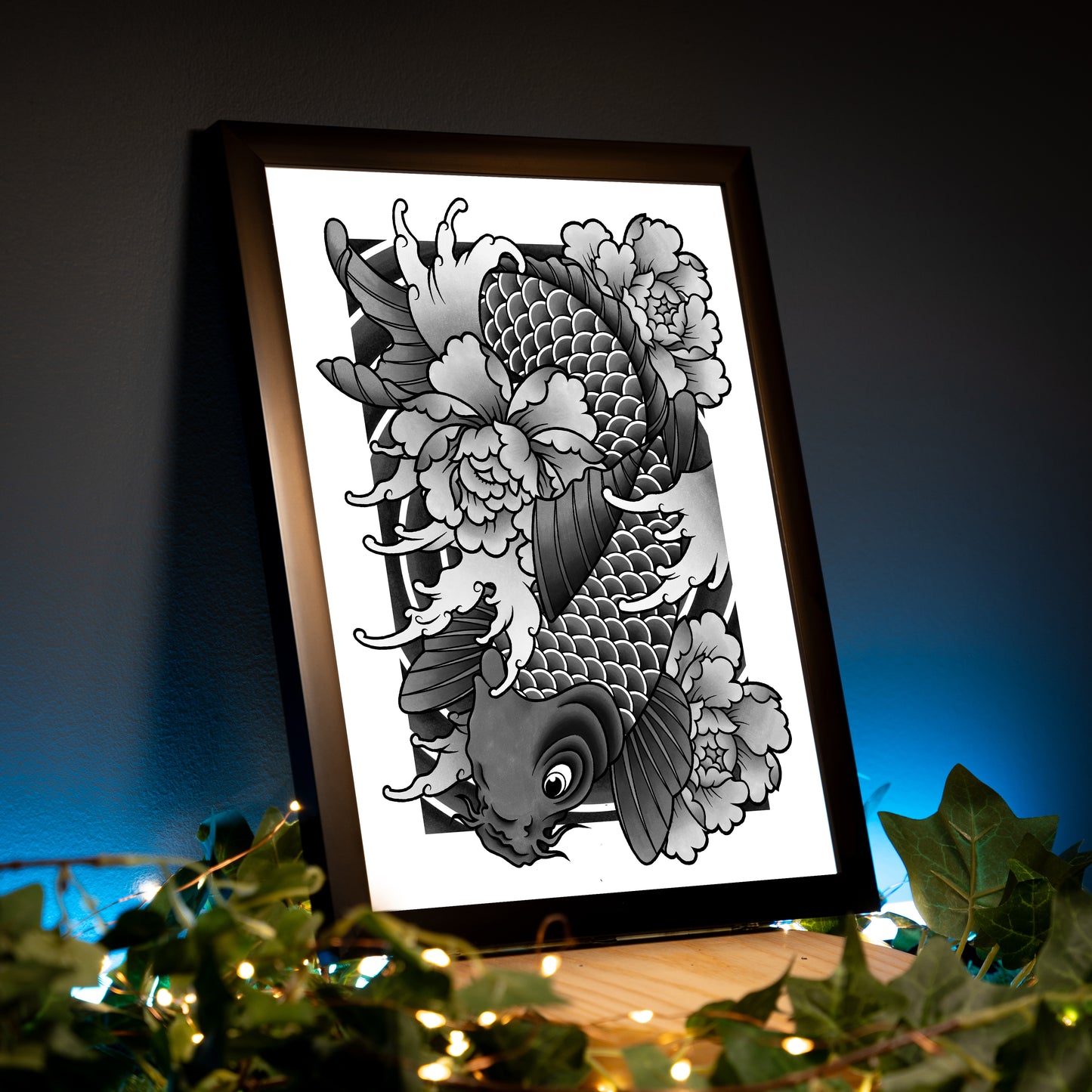 Koi Fish and Peony Black and Grey Traditional Irezumi Japanese Tattoo Flash Hand Drawn Original Art Print Poster