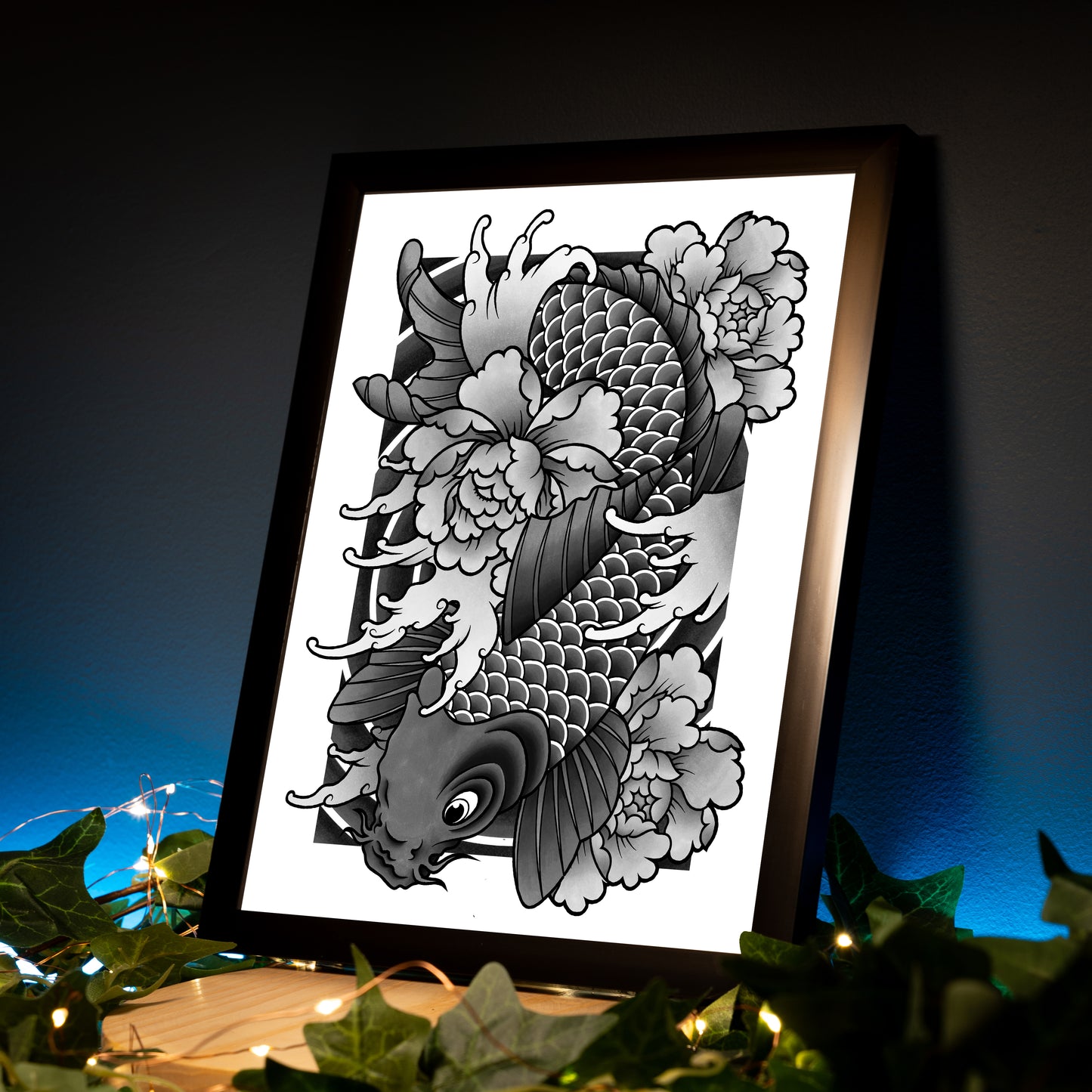 Koi Fish and Peony Black and Grey Traditional Irezumi Japanese Tattoo Flash Hand Drawn Original Art Print Poster