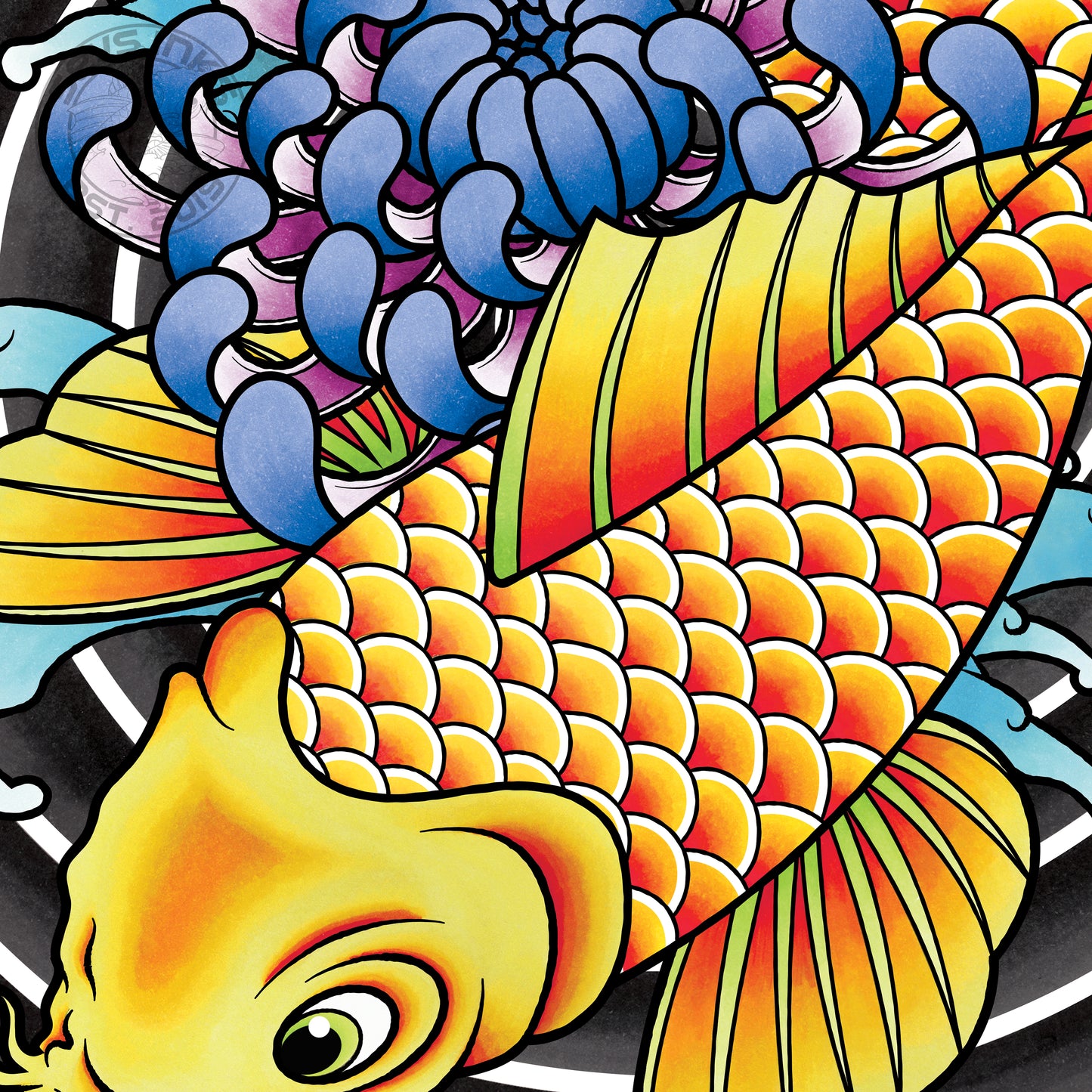 Koi Fish & Chrysanthemum - Traditional Irezumi Japanese Tattoo Flash Hand Drawn Original Art Print Poster