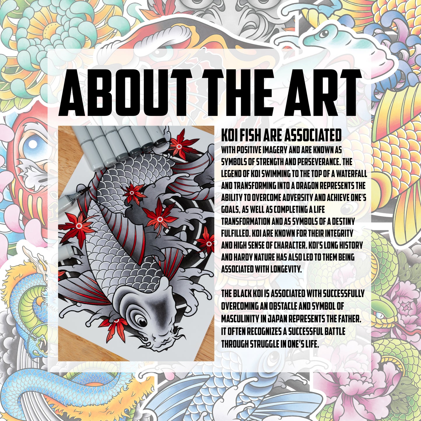 Koi Fish - Black and Grey Traditional Irezumi Japanese Tattoo Flash Hand Drawn Original Art Print Poster