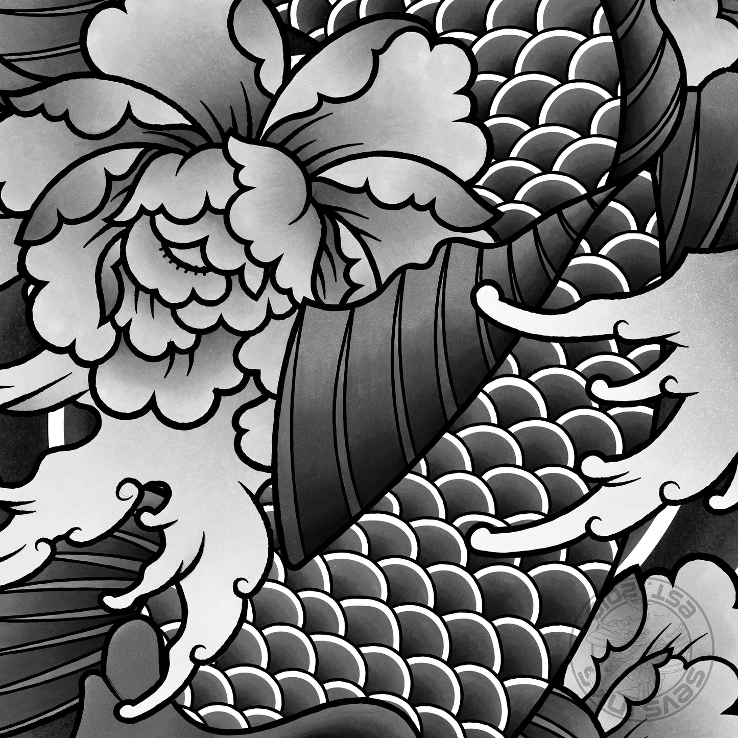 Koi Fish and Peony Black and Grey Traditional Irezumi Japanese Tattoo Flash Hand Drawn Original Art Print Poster