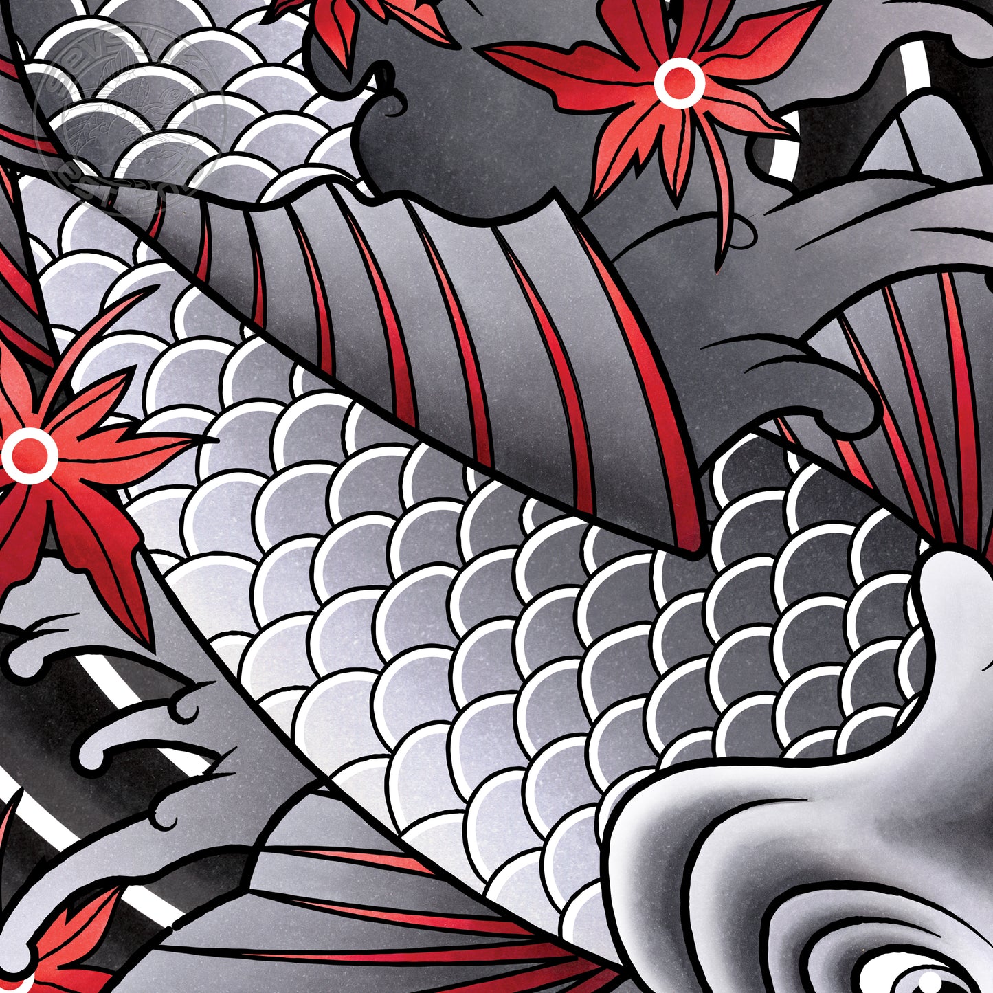 Koi Fish - Black and Grey Traditional Irezumi Japanese Tattoo Flash Hand Drawn Original Art Print Poster