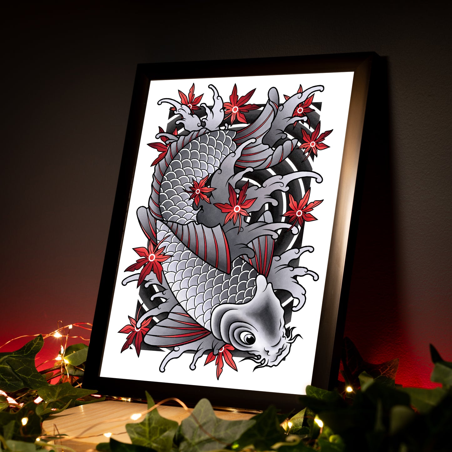 Koi Fish - Black and Grey Traditional Irezumi Japanese Tattoo Flash Hand Drawn Original Art Print Poster