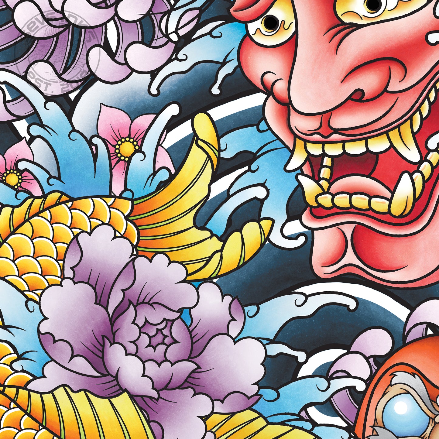 Koi Hannya Mask Daruma and Chrysanthemum Flower Traditional Japanese Inspired Tattoo Flash Hand Drawn Original Art Print Poster