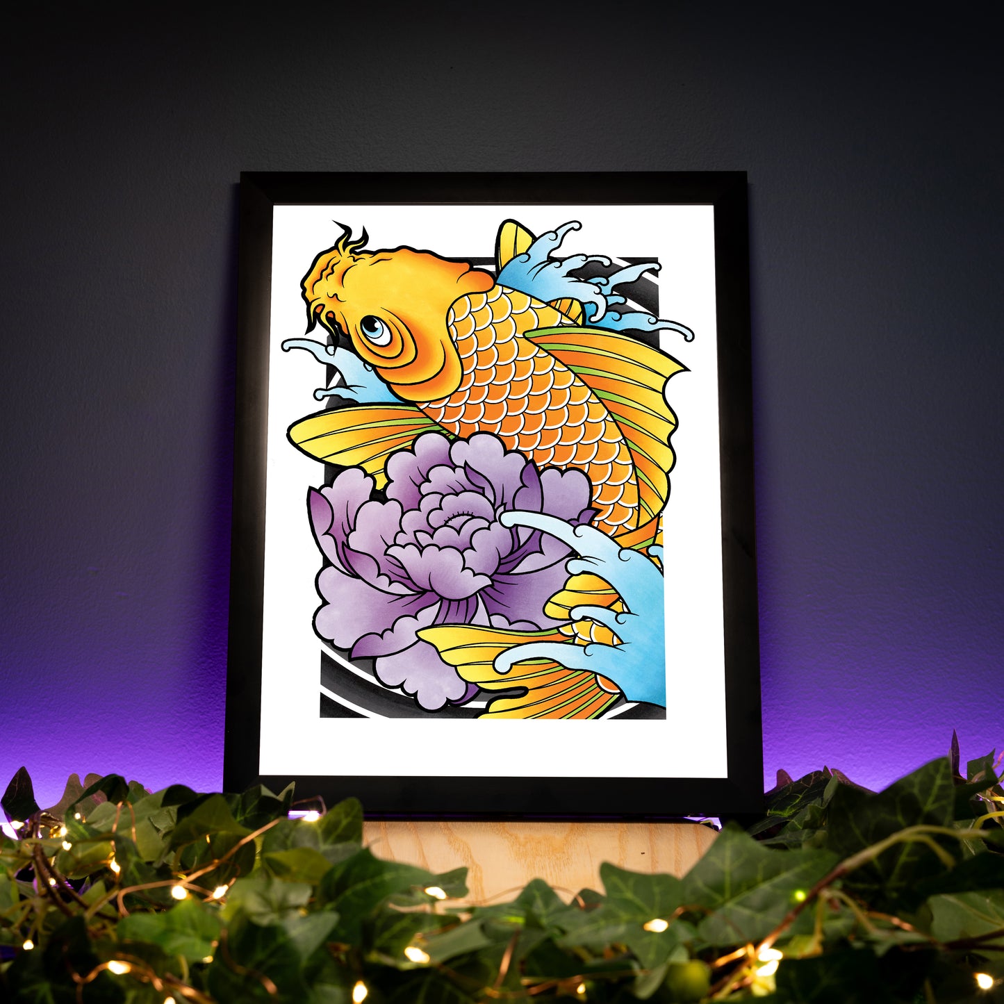 Koi Fish and Peony - Traditional Irezumi Japanese Tattoo Flash Hand Drawn Original Art Print Poster