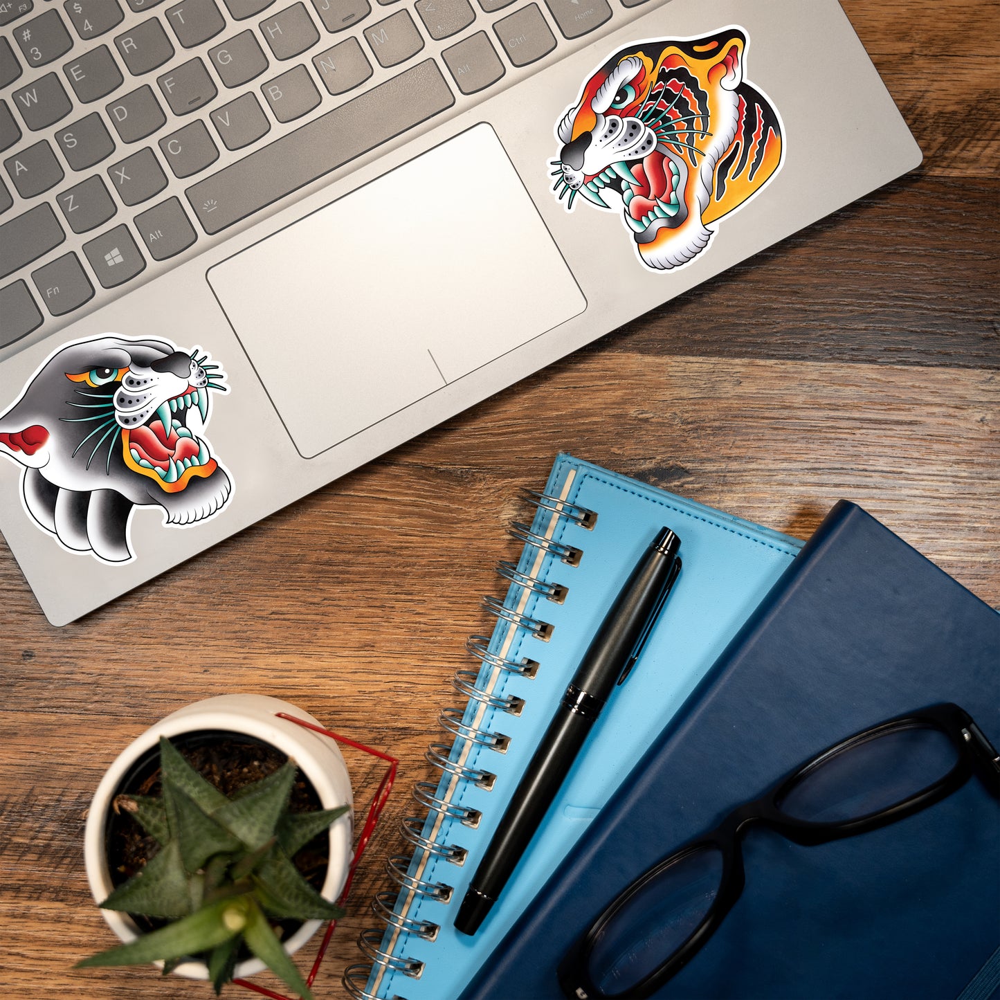 Tiger & Panther Head American Traditional Tattoo Flash Fine Art Waterproof Vinyl Sticker and Postcard Art Print
