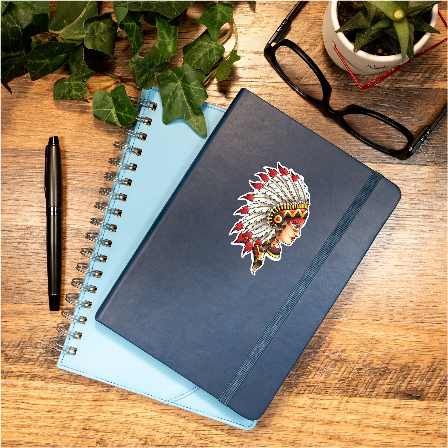 Neotraditional Native American Chief Headdress Inspired Traditional Tattoo Flash Fine Art Waterproof Vinyl Sticker and Postcard Art Print
