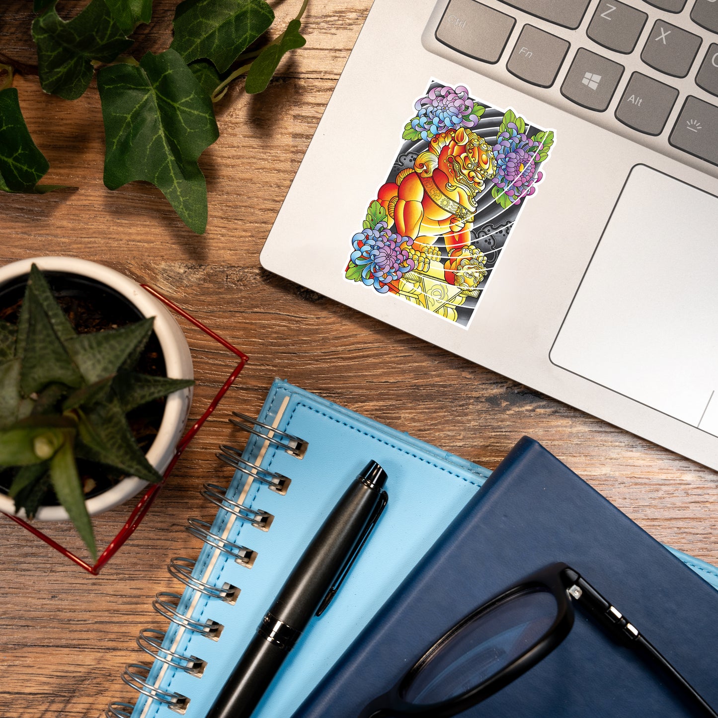Pack of 2 Foo Dog Traditional Tattoo Flash Fine Art Waterproof Vinyl Sticker and Postcard Art Print