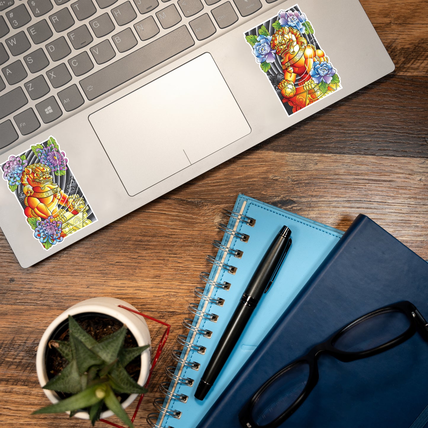Pack of 2 Foo Dog Traditional Tattoo Flash Fine Art Waterproof Vinyl Sticker and Postcard Art Print