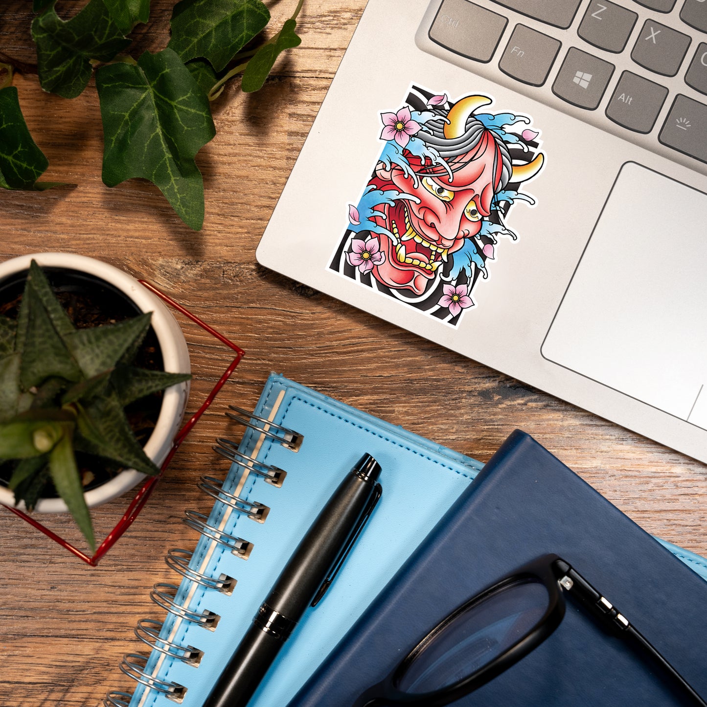 Hannya Oni Noh Mask Traditional Hand Drawn Irezumi Tattoo Flash Fine Art Waterproof Vinyl Sticker and Postcard Art Print