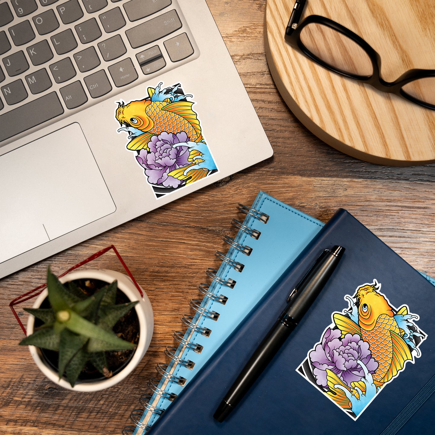 Koi Fish and Peony Traditional Hand Drawn Irezumi Tattoo Flash Fine Art Waterproof Vinyl Sticker and Postcard Art Print
