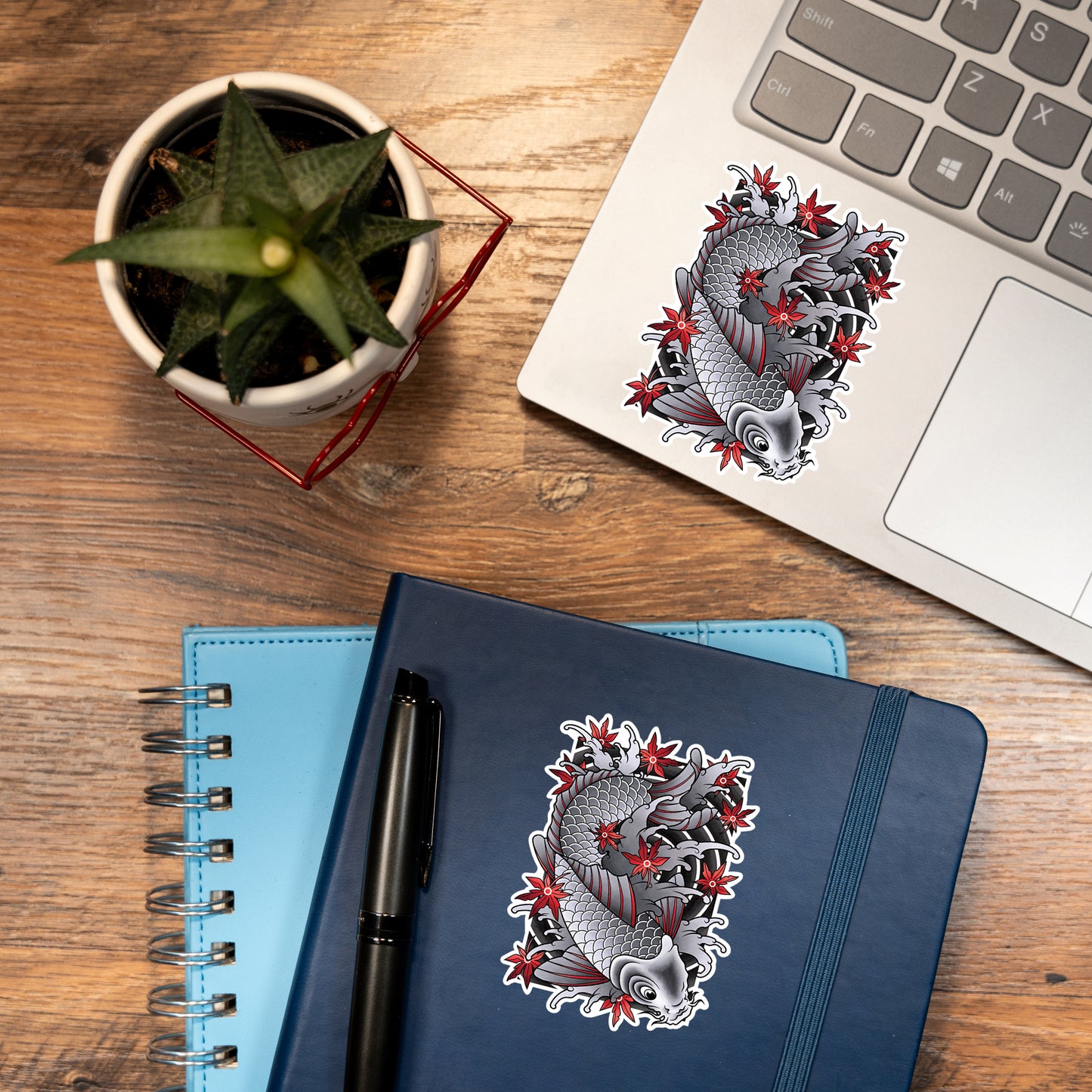 Koi Fish and Maple Leaves Traditional Hand Drawn Irezumi Tattoo Flash Fine Art Waterproof Vinyl Sticker and Postcard Art Print