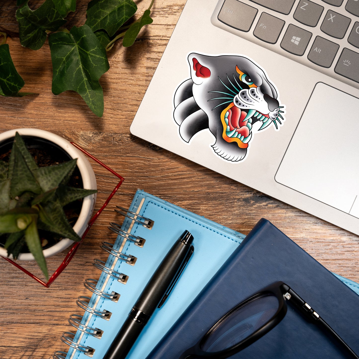 Tiger & Panther Head American Traditional Tattoo Flash Fine Art Waterproof Vinyl Sticker and Postcard Art Print