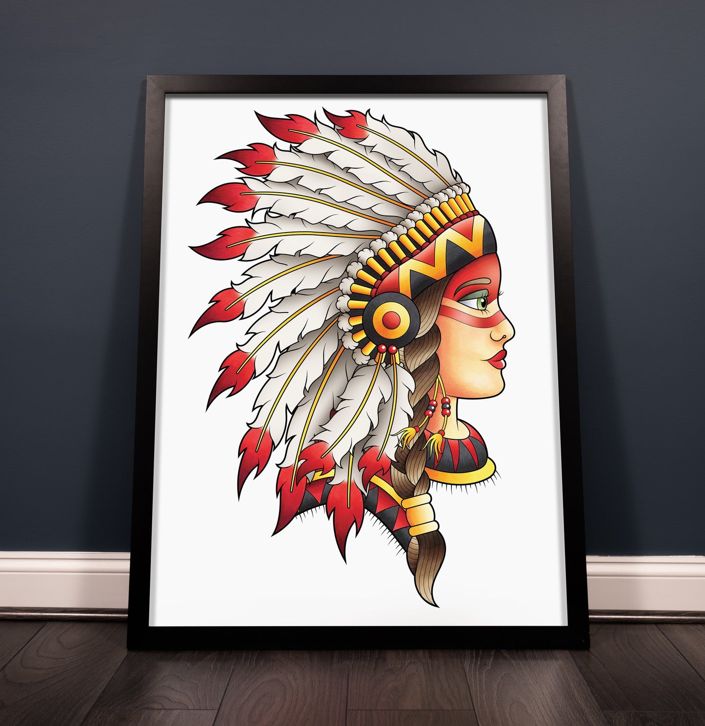 Neo Traditional Female Native American Chief Headdress Inspired Tattoo Flash Hand Drawn Original Art Print Poster