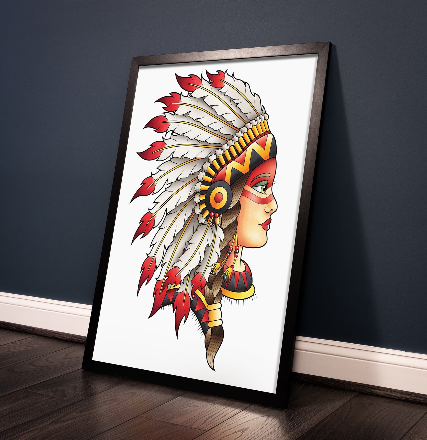 Neo Traditional Female Native American Chief Headdress Inspired Tattoo Flash Hand Drawn Original Art Print Poster