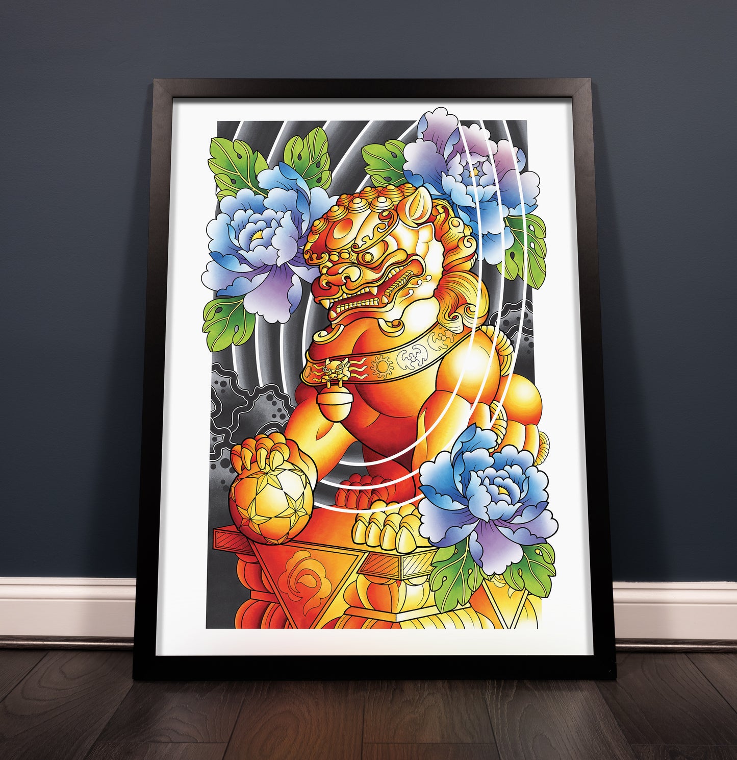 Male Foo Dog Traditional Irezumi Japanese Tattoo Flash Hand Drawn Original Art Print Poster