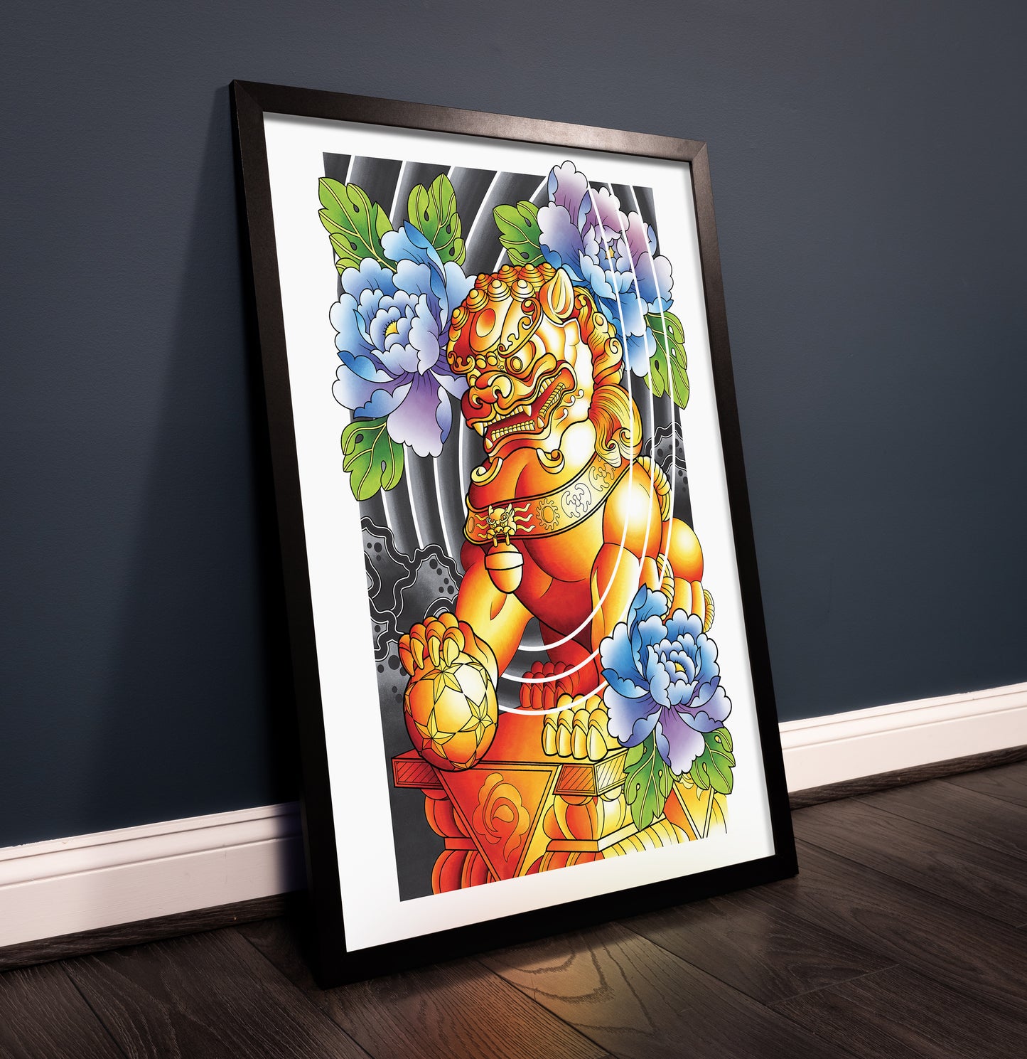 Male Foo Dog Traditional Irezumi Japanese Tattoo Flash Hand Drawn Original Art Print Poster