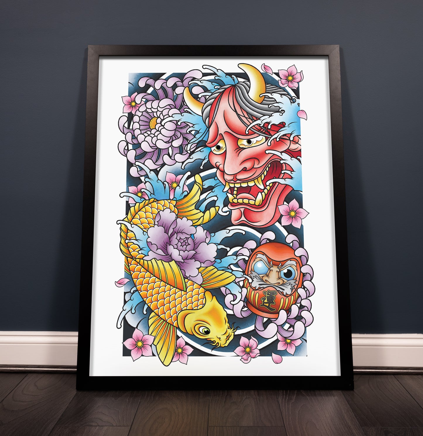Koi Hannya Mask Daruma and Chrysanthemum Flower Traditional Japanese Inspired Tattoo Flash Hand Drawn Original Art Print Poster