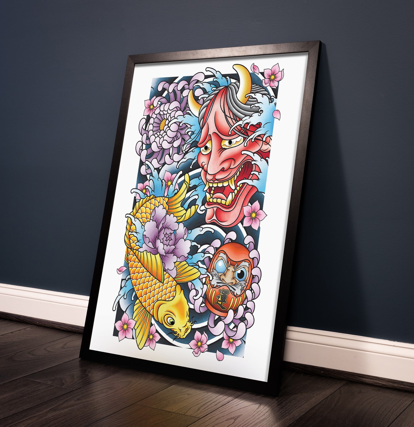 Koi Hannya Mask Daruma and Chrysanthemum Flower Traditional Japanese Inspired Tattoo Flash Hand Drawn Original Art Print Poster