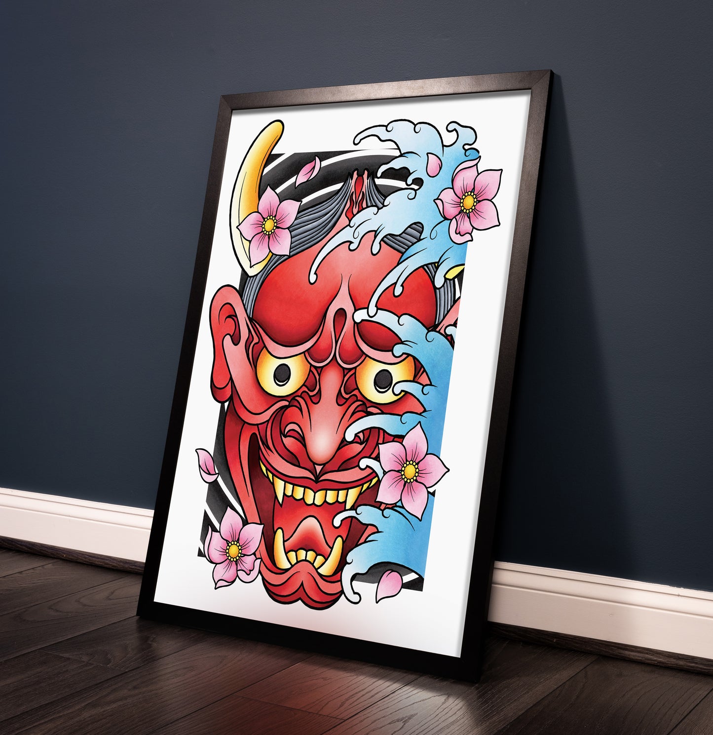 Hannya Oni Noh Mask and Sakura Cherry Blossom Flower Traditional Japanese Irezumi Tattoo Flash Hand Drawn Original Art Print Wall Poster