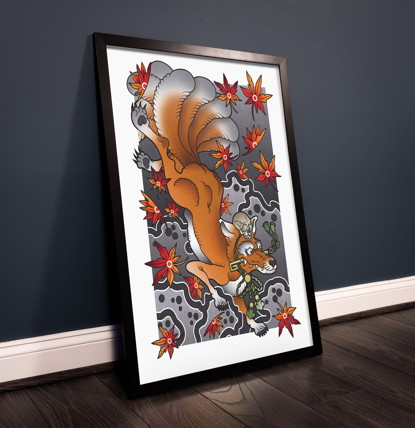 Kitsune Fox Nine Tails - Traditional Japanese Inspired Irezumi Tattoo Flash Hand Drawn Original Art Print Poster