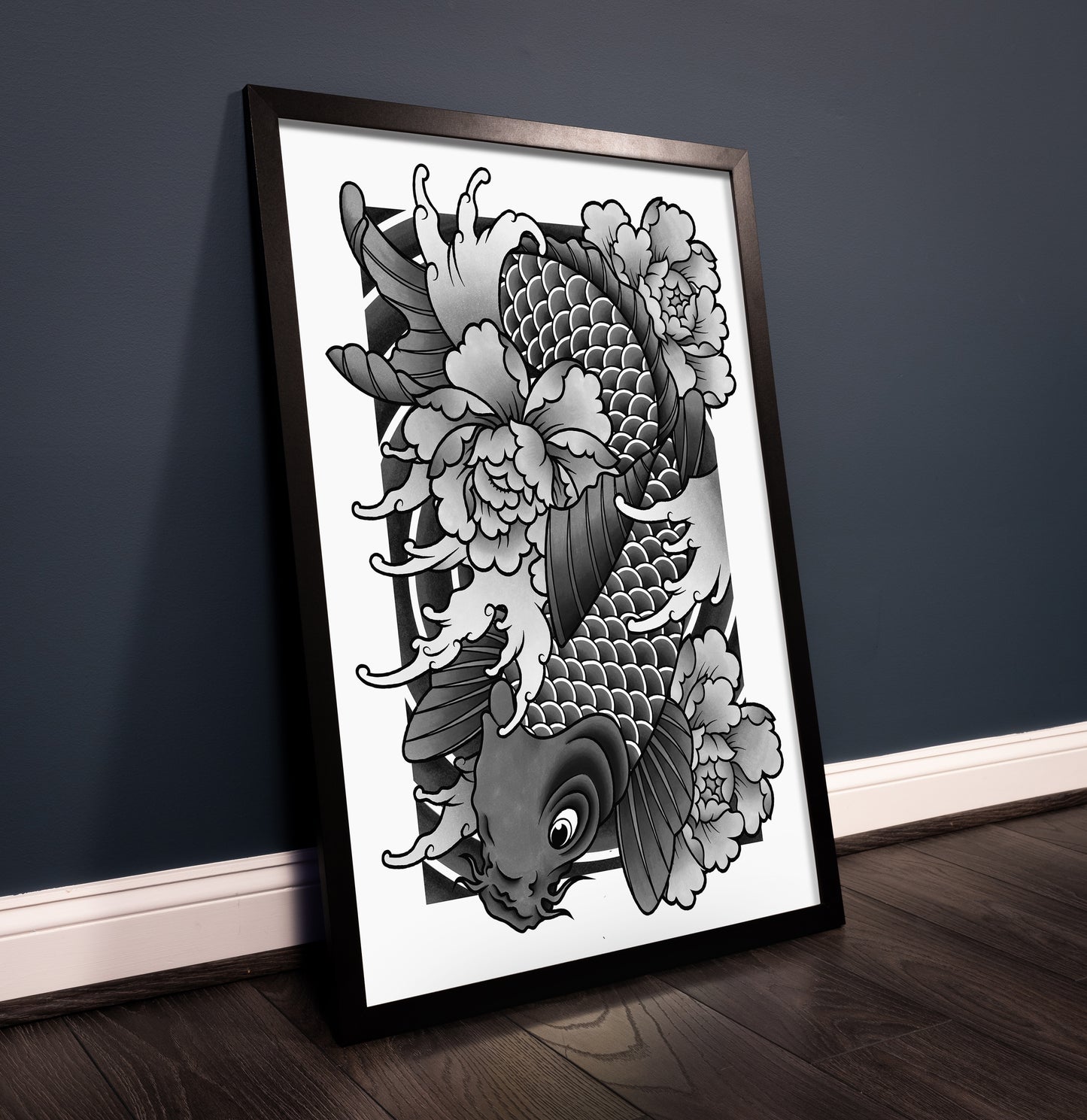 Koi Fish and Peony Black and Grey Traditional Irezumi Japanese Tattoo Flash Hand Drawn Original Art Print Poster