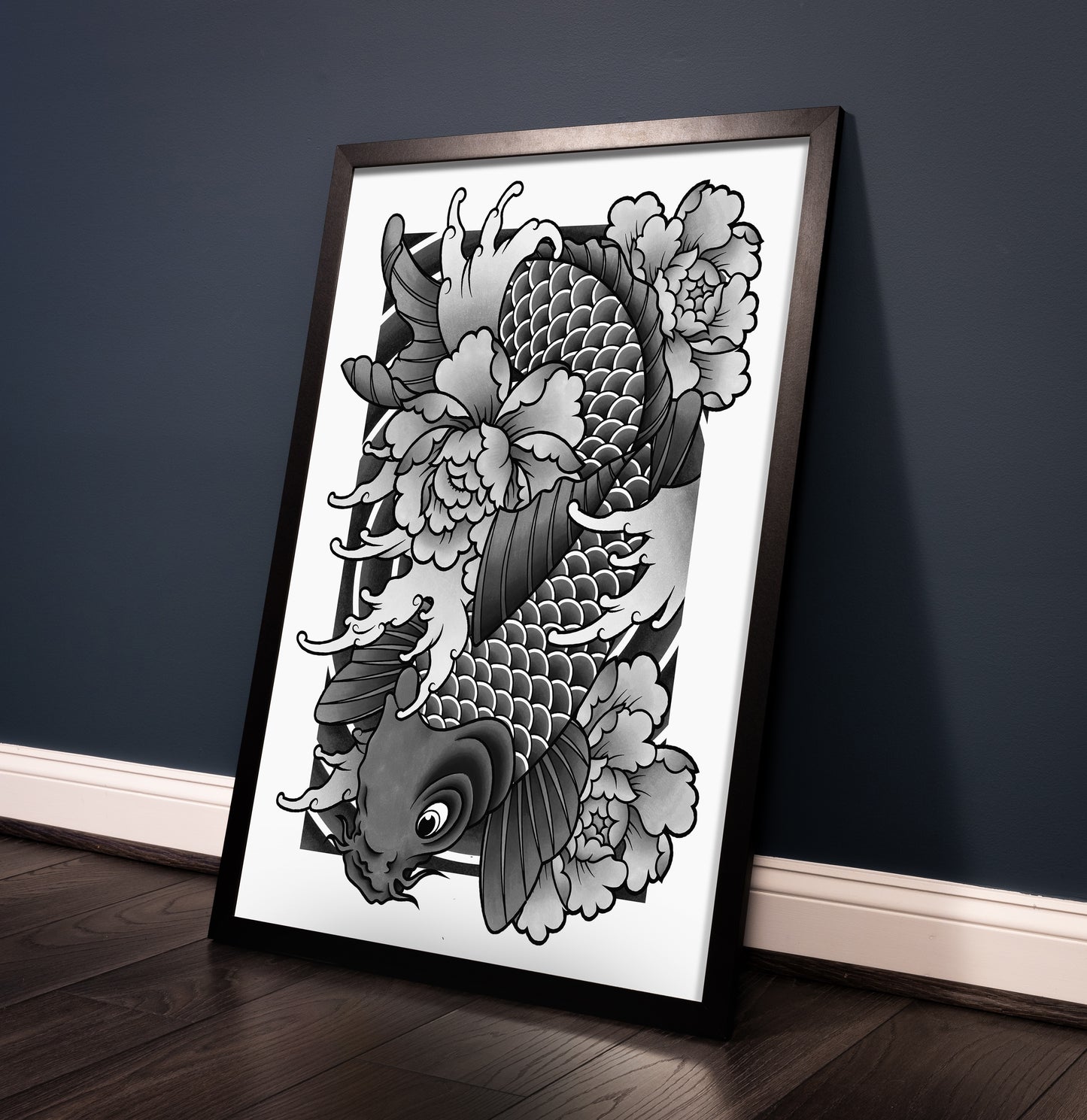 Koi Fish and Peony Black and Grey Traditional Irezumi Japanese Tattoo Flash Hand Drawn Original Art Print Poster