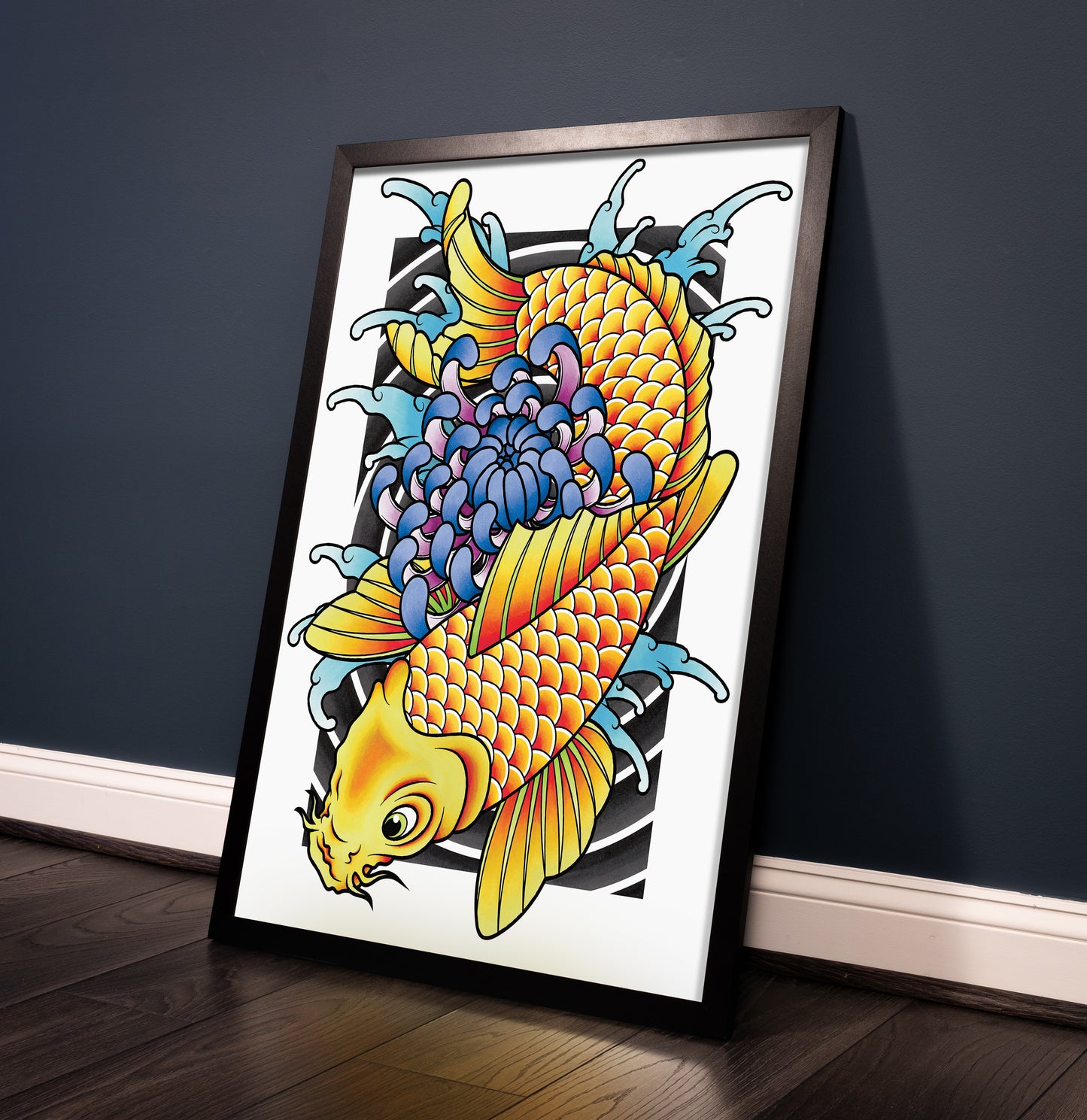 Koi Fish & Chrysanthemum - Traditional Irezumi Japanese Tattoo Flash Hand Drawn Original Art Print Poster