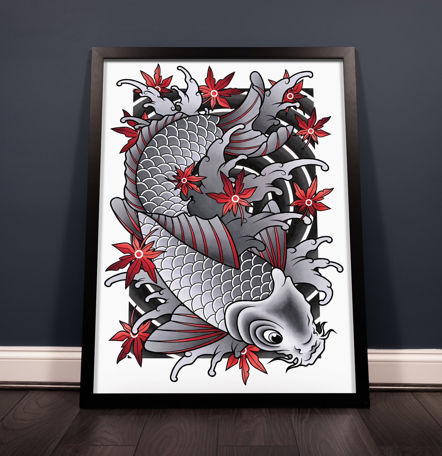 Koi Fish - Black and Grey Traditional Irezumi Japanese Tattoo Flash Hand Drawn Original Art Print Poster