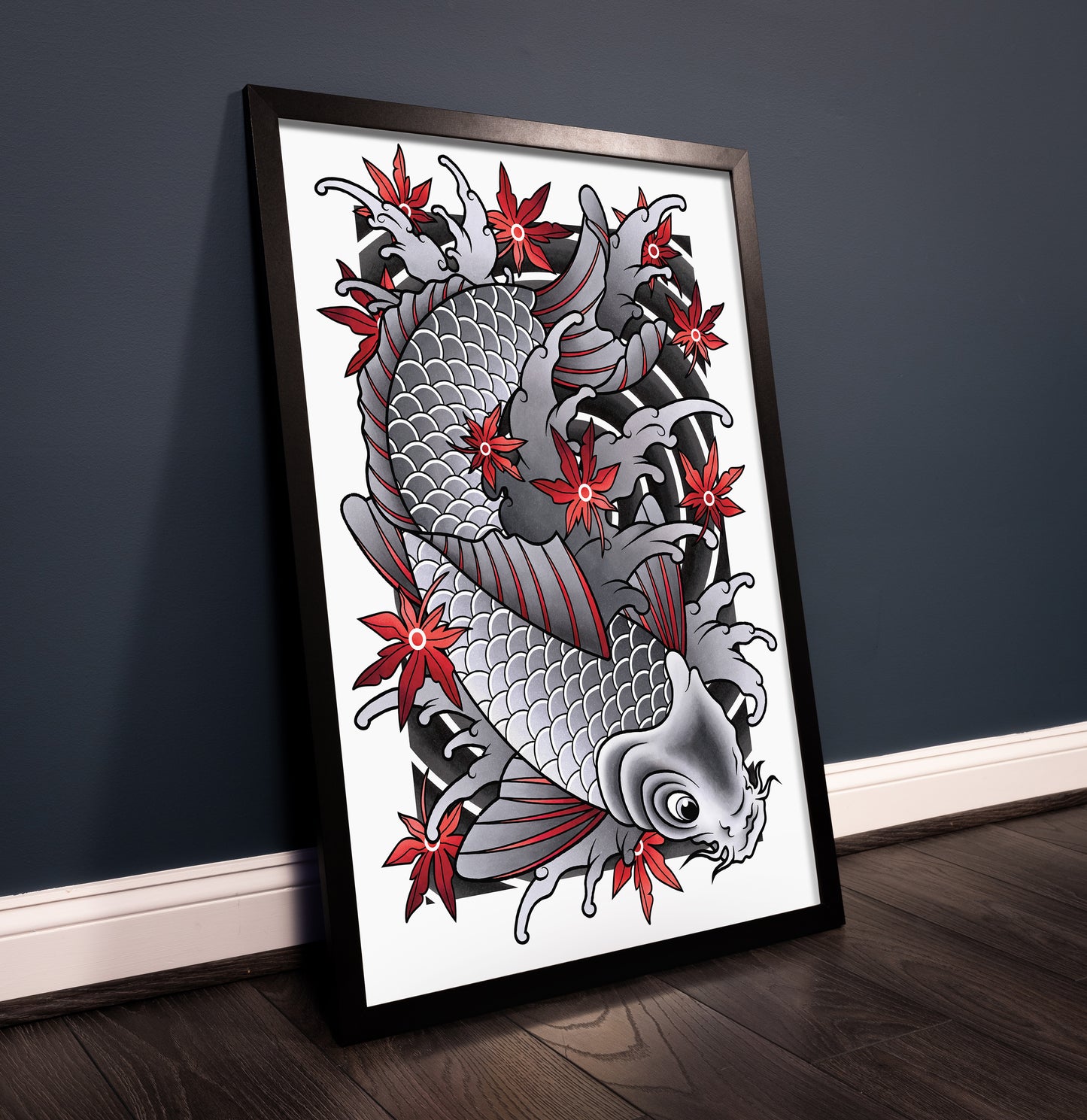 Koi Fish - Black and Grey Traditional Irezumi Japanese Tattoo Flash Hand Drawn Original Art Print Poster