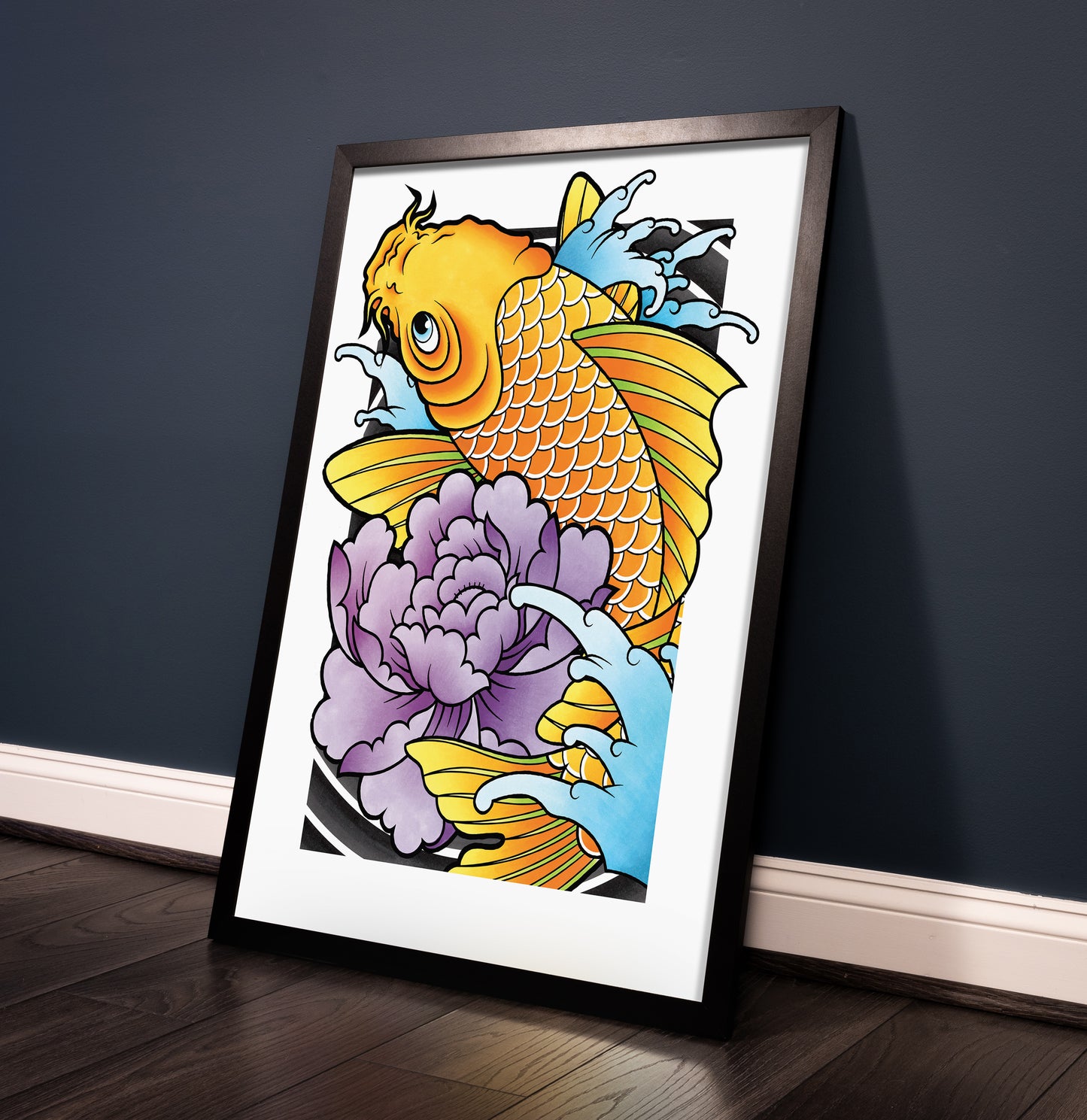 Koi Fish and Peony - Traditional Irezumi Japanese Tattoo Flash Hand Drawn Original Art Print Poster