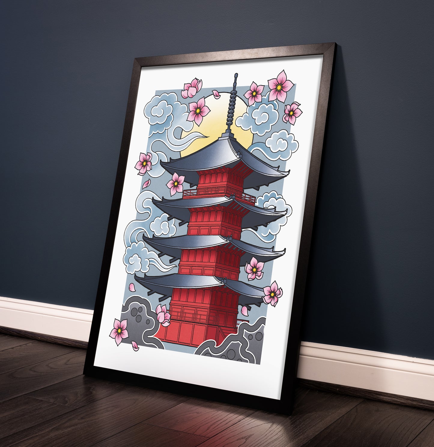 Pagoda - Traditional Japanese Inspired Irezumi Tattoo Flash Hand Drawn Original Art Print Poster
