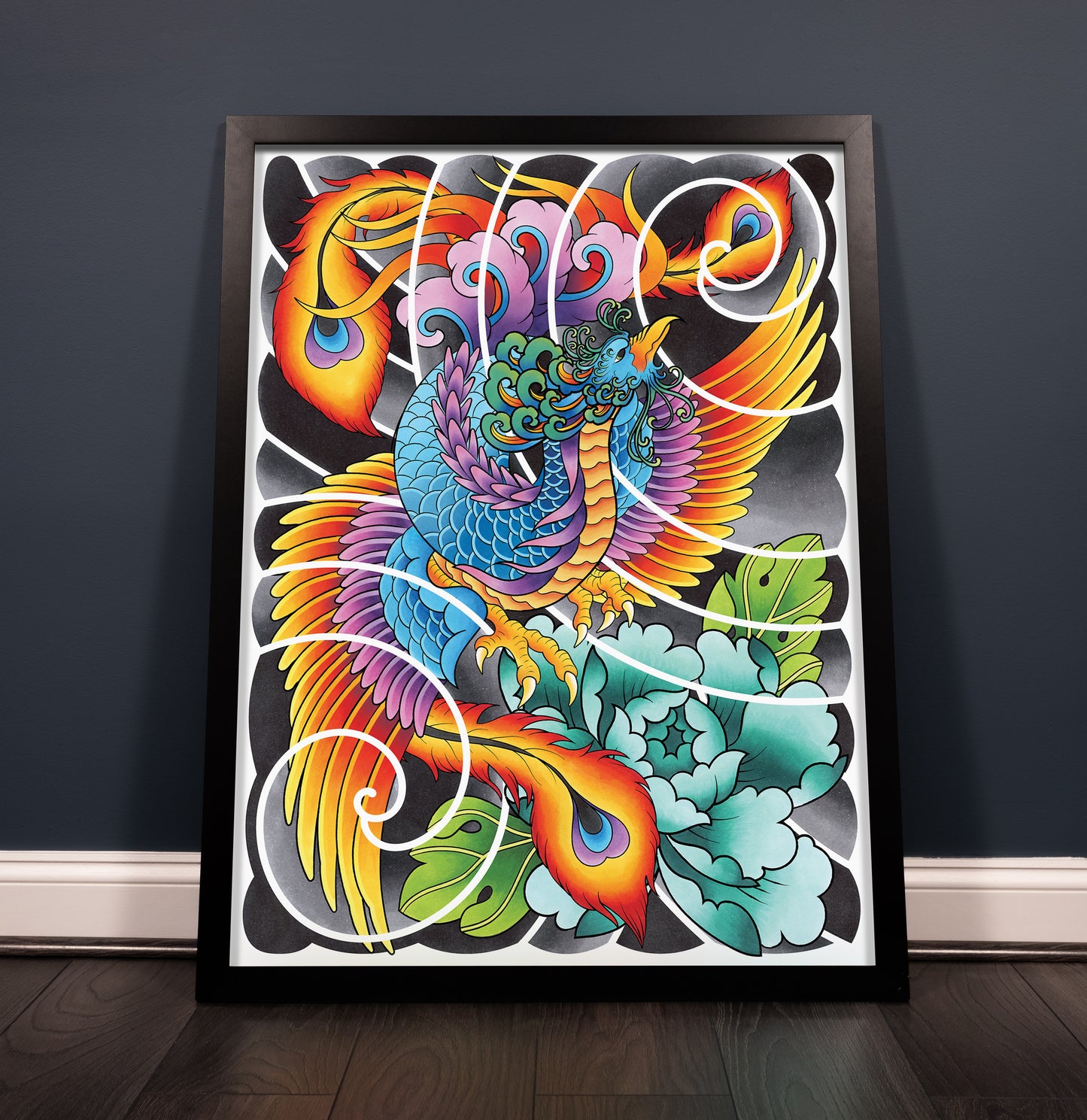 Phoenix and Peony Flower Traditional Irezumi Japanese Tattoo Flash Hand Drawn Original Art Print Poster