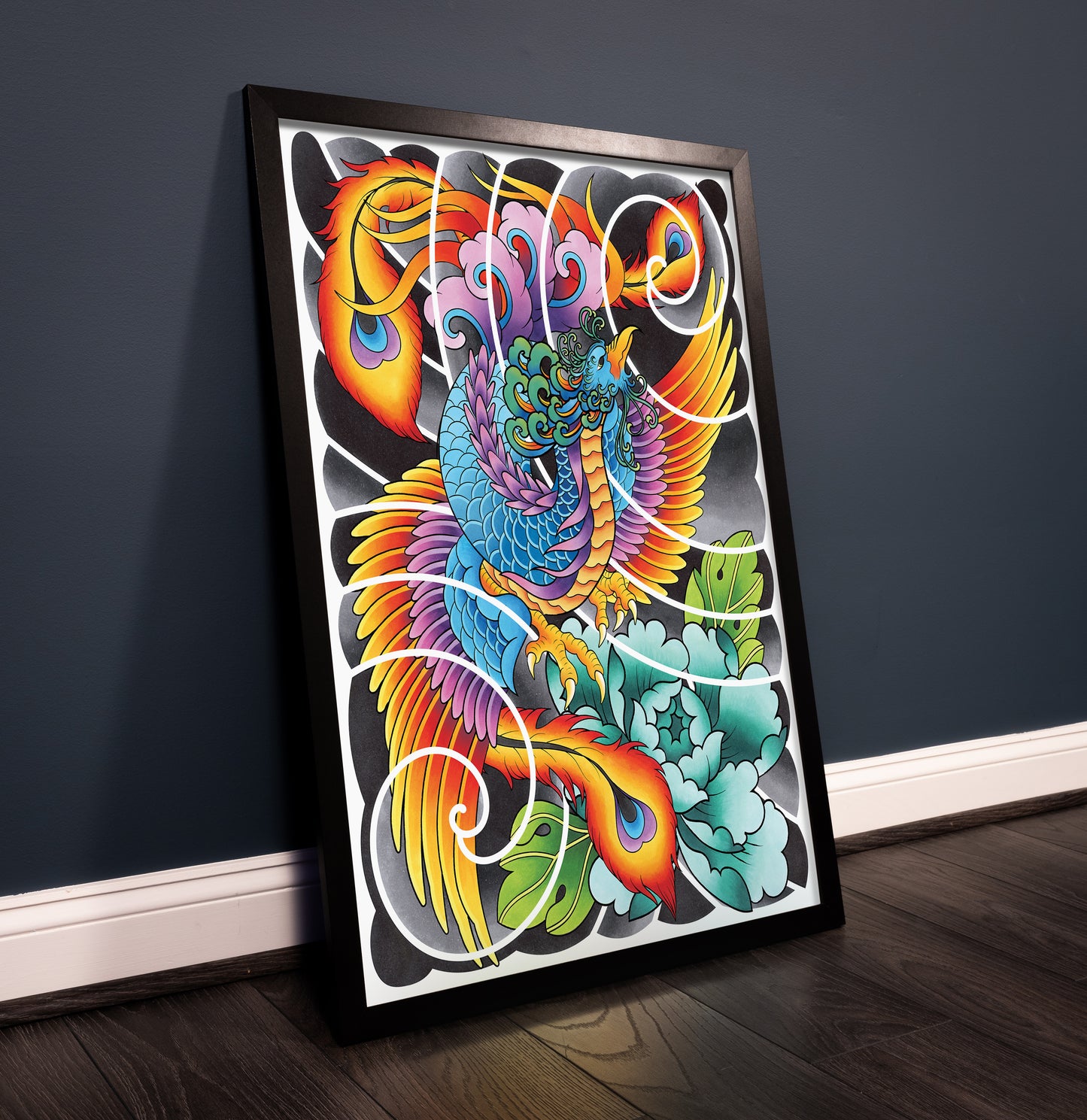 Phoenix and Peony Flower Traditional Irezumi Japanese Tattoo Flash Hand Drawn Original Art Print Poster