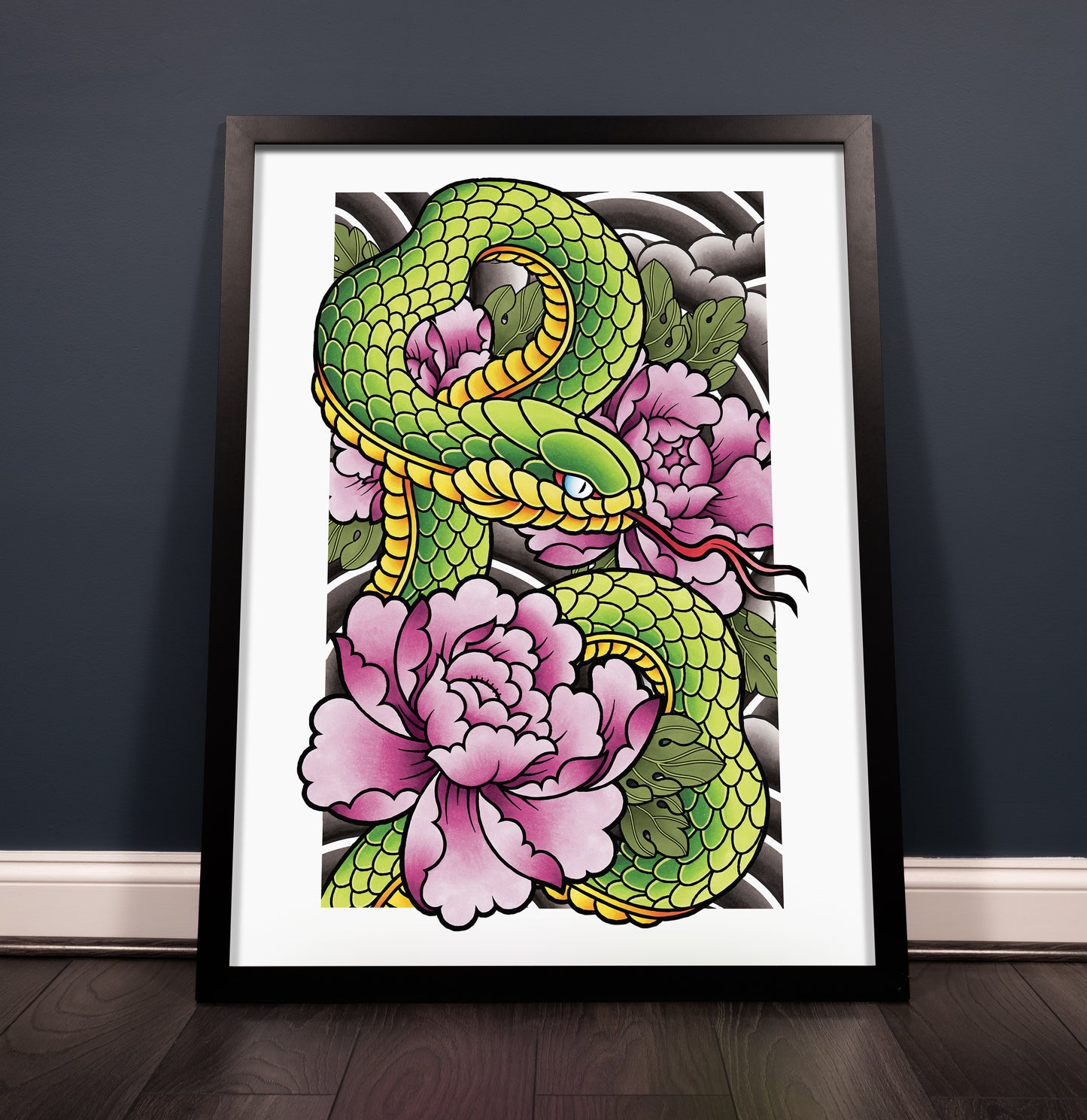 Hebi Snake and Peony - Traditional Japanese Inspired Irezumi Tattoo Flash Hand Drawn Original Art Print Poster