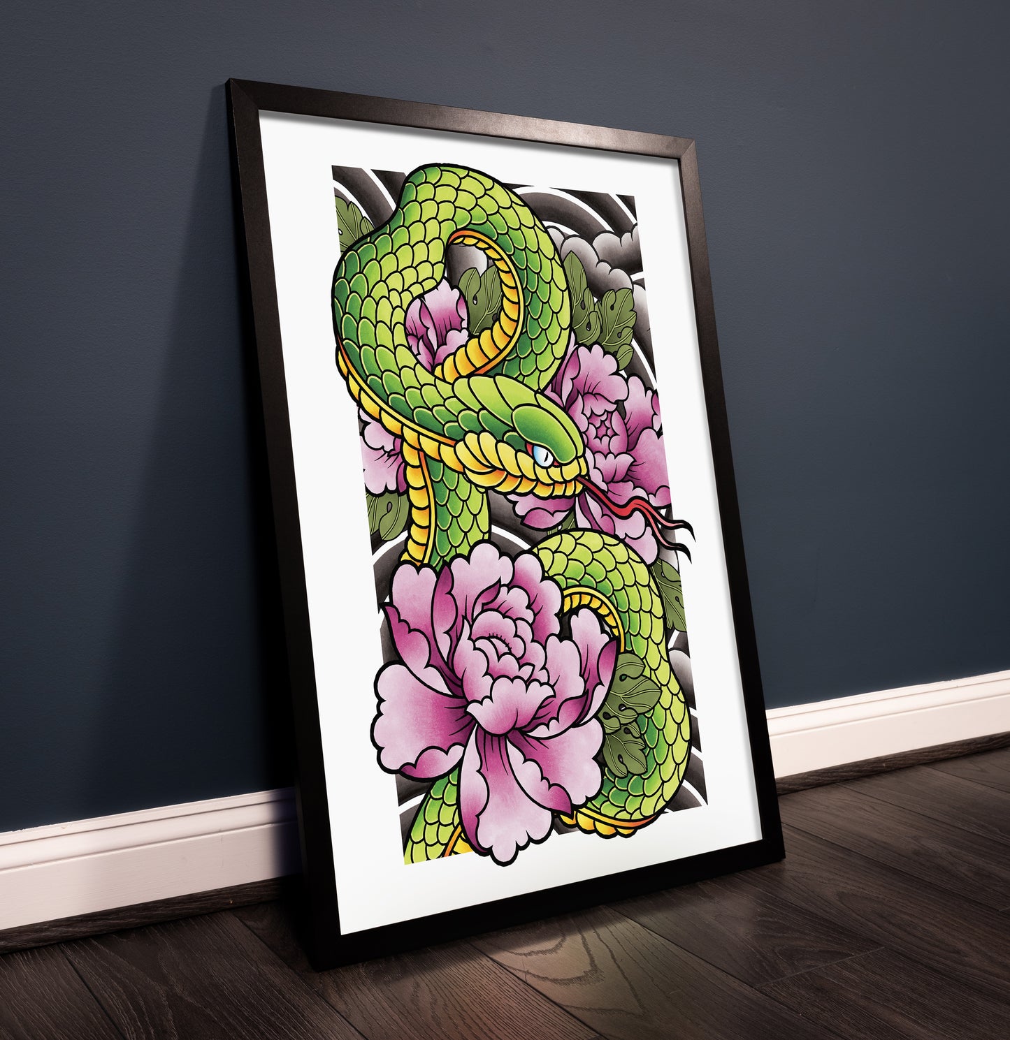 Hebi Snake and Peony - Traditional Japanese Inspired Irezumi Tattoo Flash Hand Drawn Original Art Print Poster
