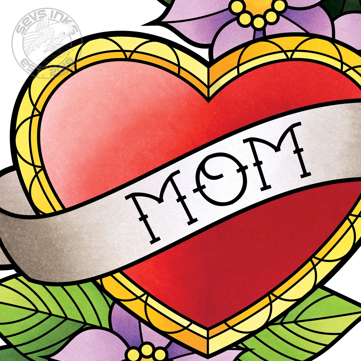 Sailor Jerry Style Mom Heart Hand Drawn American Traditional Tattoo Flash Fine Art Waterproof Vinyl Sticker and Postcard Art Print