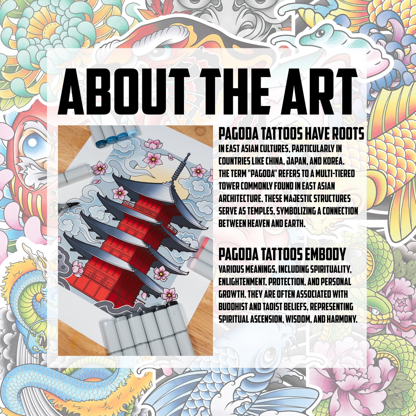 Pagoda - Traditional Japanese Inspired Irezumi Tattoo Flash Hand Drawn Original Art Print Poster