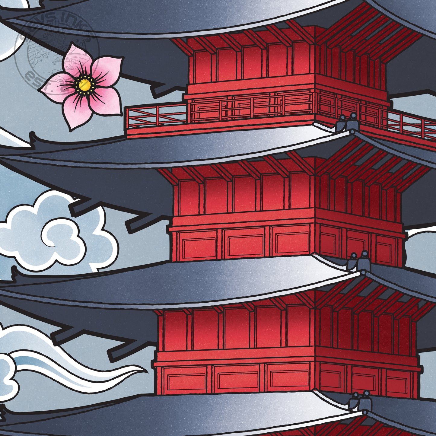 Pagoda - Traditional Japanese Inspired Irezumi Tattoo Flash Hand Drawn Original Art Print Poster
