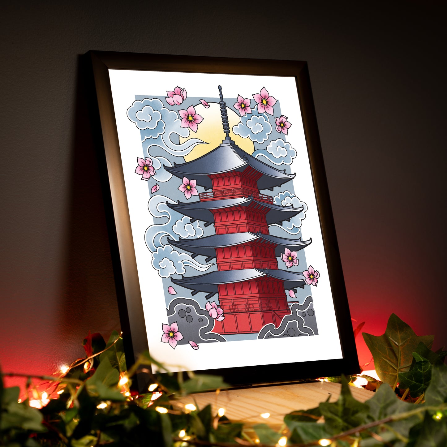 Pagoda - Traditional Japanese Inspired Irezumi Tattoo Flash Hand Drawn Original Art Print Poster